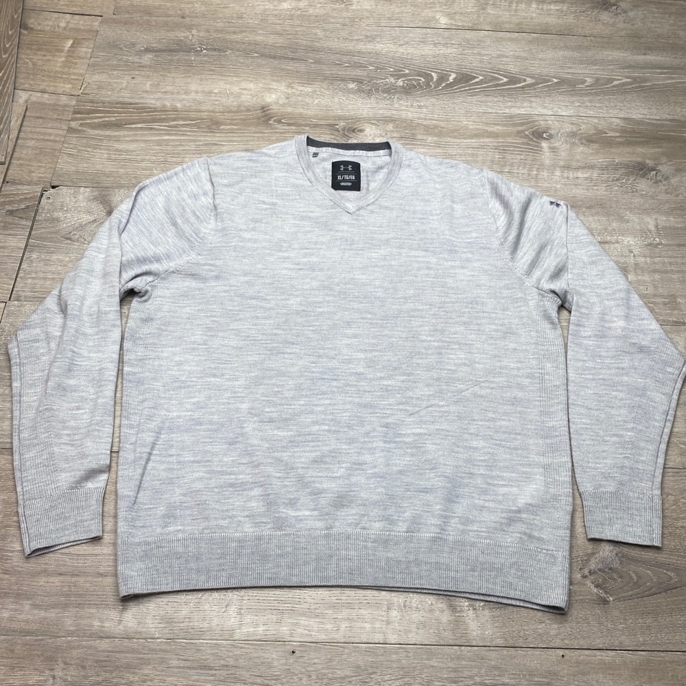 Under Armour Wool Sweater Men XL Gray V-Neck Knit Pullover Loose Fit Long Sleeve